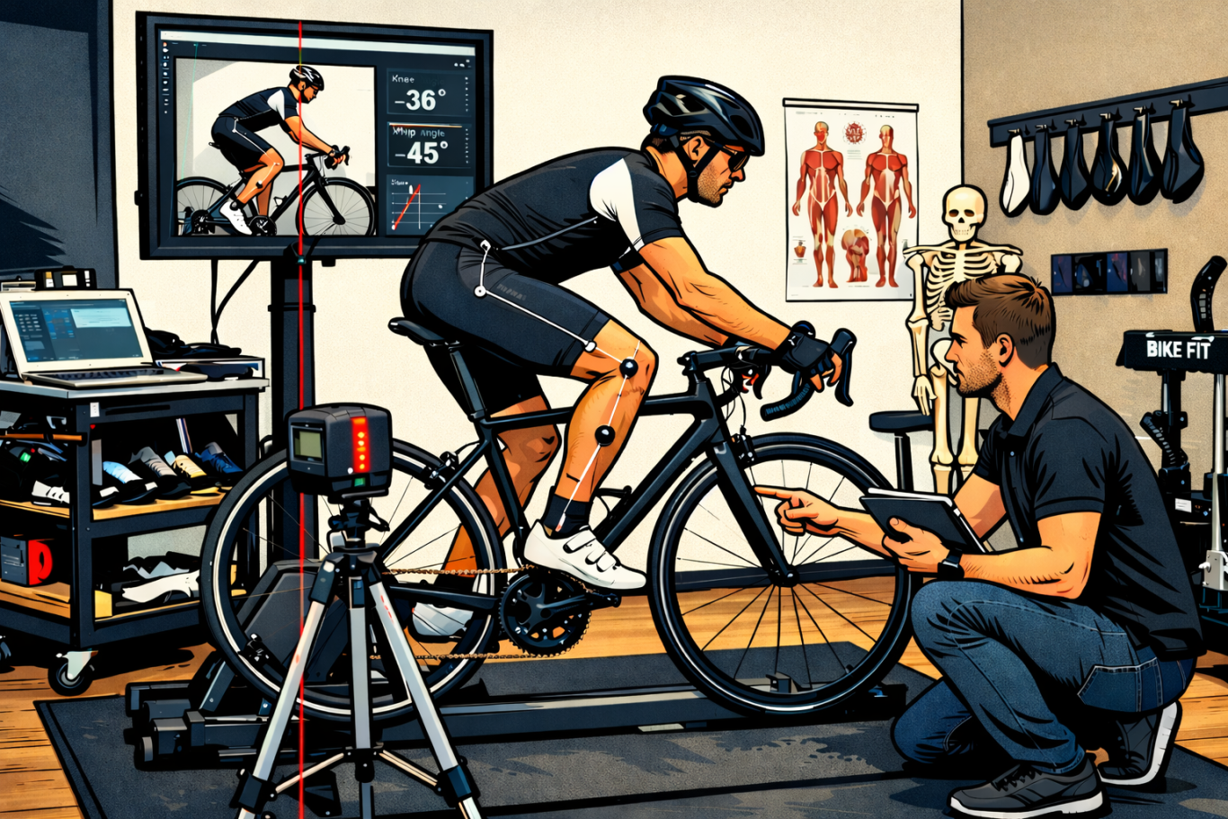 Bike Fitting Radfahrer bei der Leistungsanalyse mit Trainer und Technik im Hintergrund.