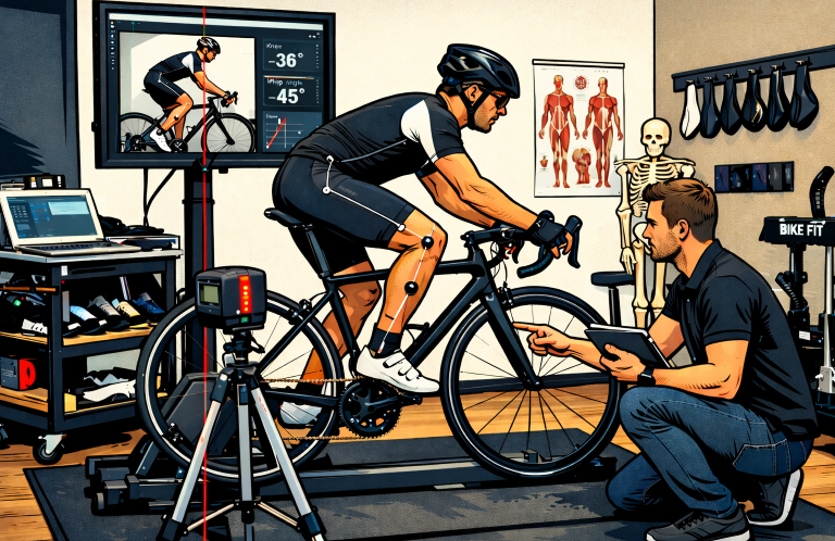 Bike Fitting Ein Sportler wird in einem Trainingsraum beim Fahrradfahren analysiert und eingestellt.